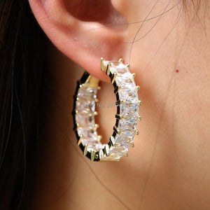 Weißgold 14k Gold Überzogene Baguette Zirconia Hoop Ohrringe Für Damen 25 mm