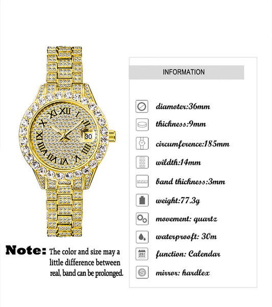 New Women Watch Gold Silver Color Luxury Rhinestones Stainless Steel Watch Hip Hop