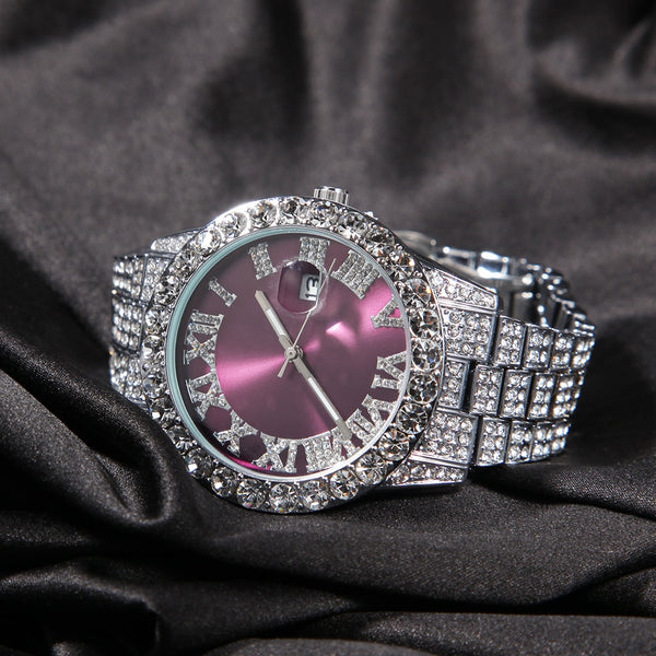 Uhren Rosa Lila Blau Schwarz Voll Iced Out Herren Edelstahl Mode Luxus Strass Quarz Business