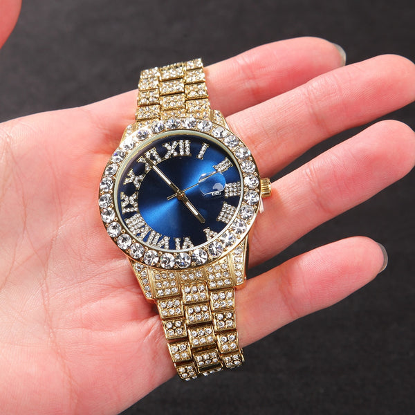 Uhren Rosa Lila Blau Schwarz Voll Iced Out Herren Edelstahl Mode Luxus Strass Quarz Business